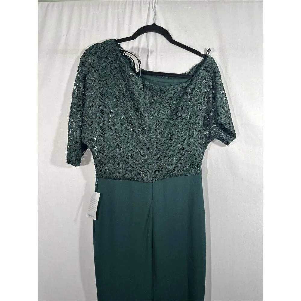 NWT $269 Betsy & Adam [ 8 ] One-Shoulder Sequin Lace Mixed Media Gown Pine Green